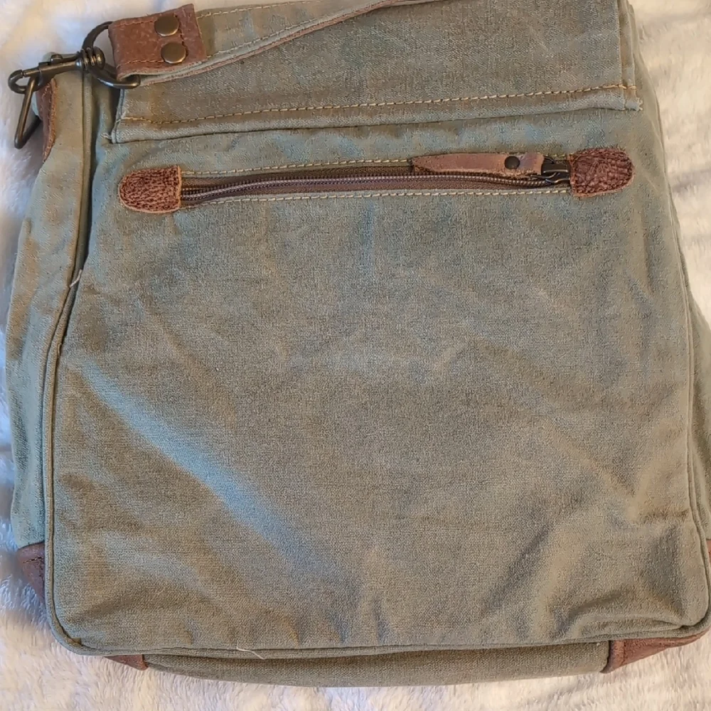 Olive Green Canvas Messenger Bag with Brown Trim and Air Mail Print